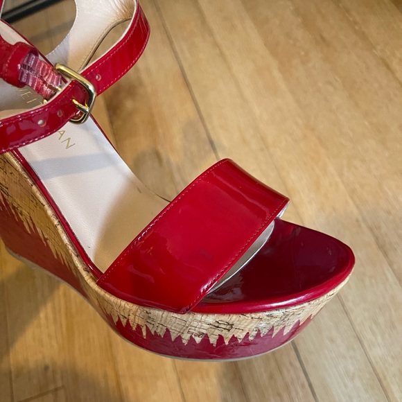 Stuart Weitzman Red Flame Painted Patent Cork Wedge Heel - Picture 7 of 17